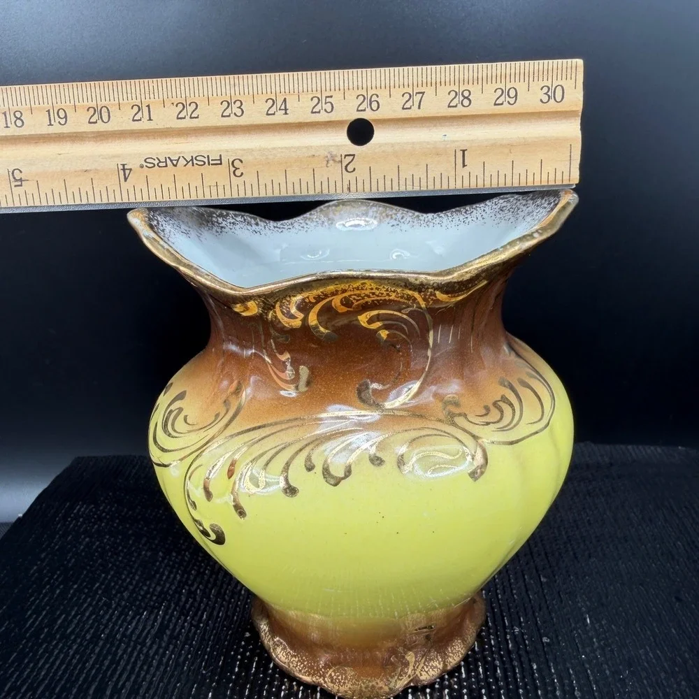 Vintage Verona VPCO Porcelain Vase Yellow Brown‎ Ombre Gold Gilt Filigree Vessel